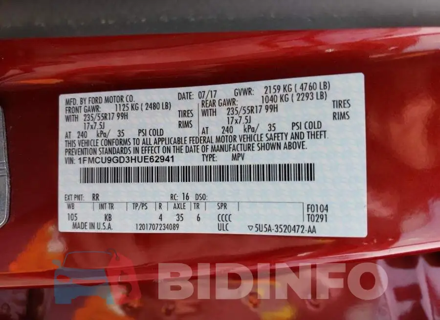 1FMCU9GD3HUE62941 Photo# 13