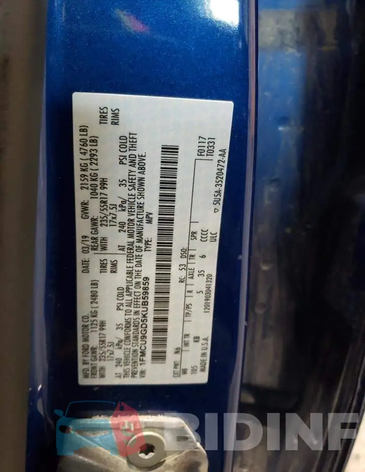 1FMCU9GD5KUB59859 Photo# 12