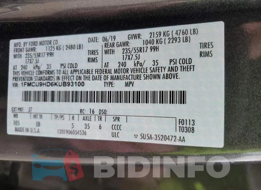 1FMCU9HD6KUB93100 Photo# 14