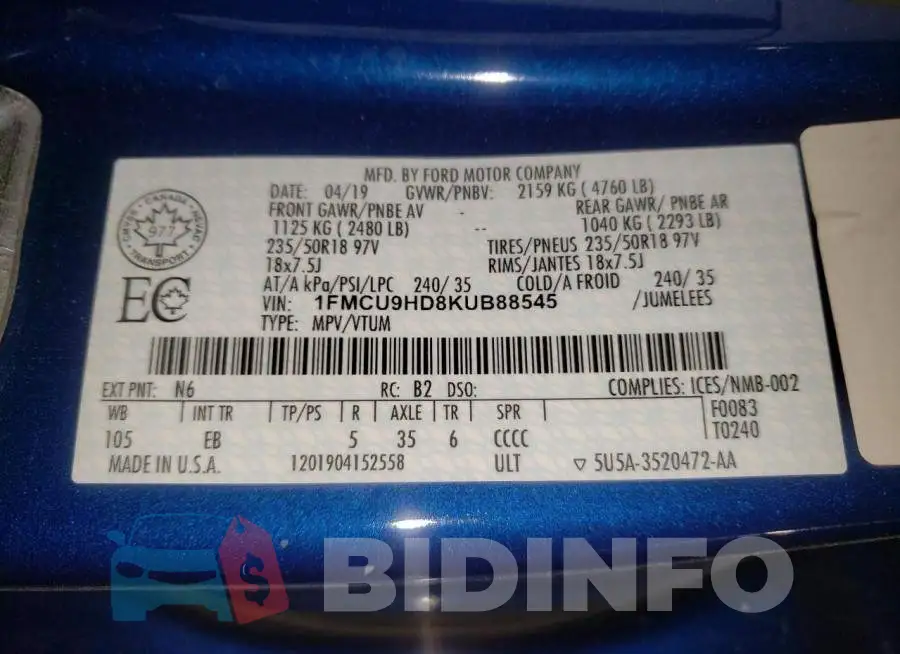 1FMCU9HD8KUB88545 Photo# 12