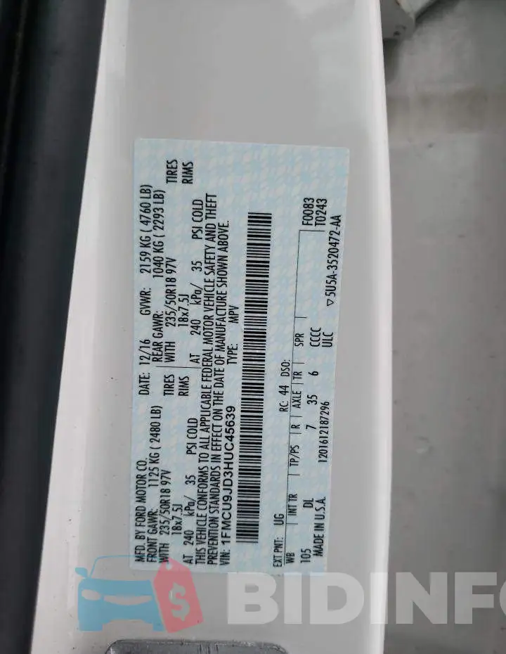1FMCU9JD3HUC45639 Photo# 13