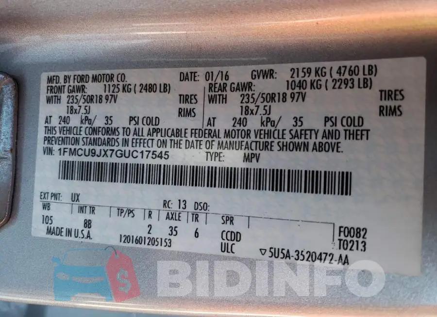 1FMCU9JX7GUC17545 Photo# 13