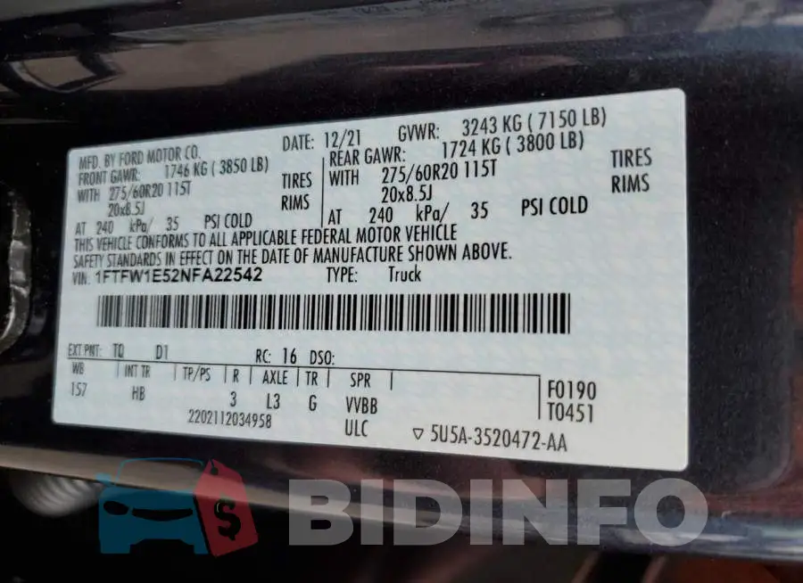 1FTFW1E52NFA22542 Photo# 12