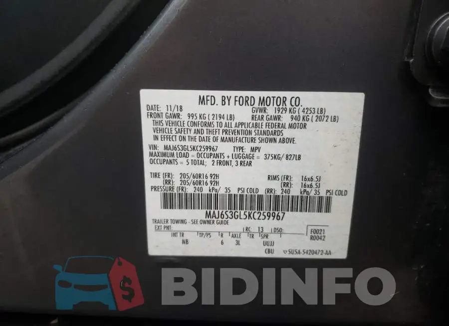 MAJ6S3GL5KC259967 Photo# 14