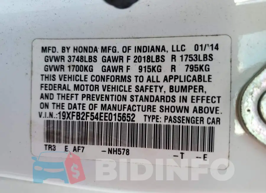 19XFB2F54EE015652 Photo# 12