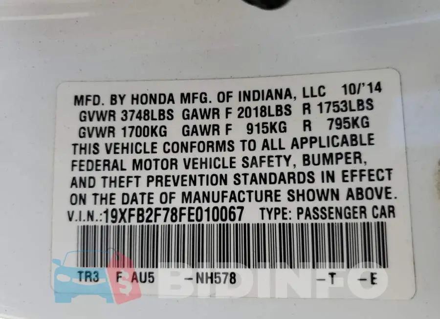 19XFB2F78FE010067 Photo# 12