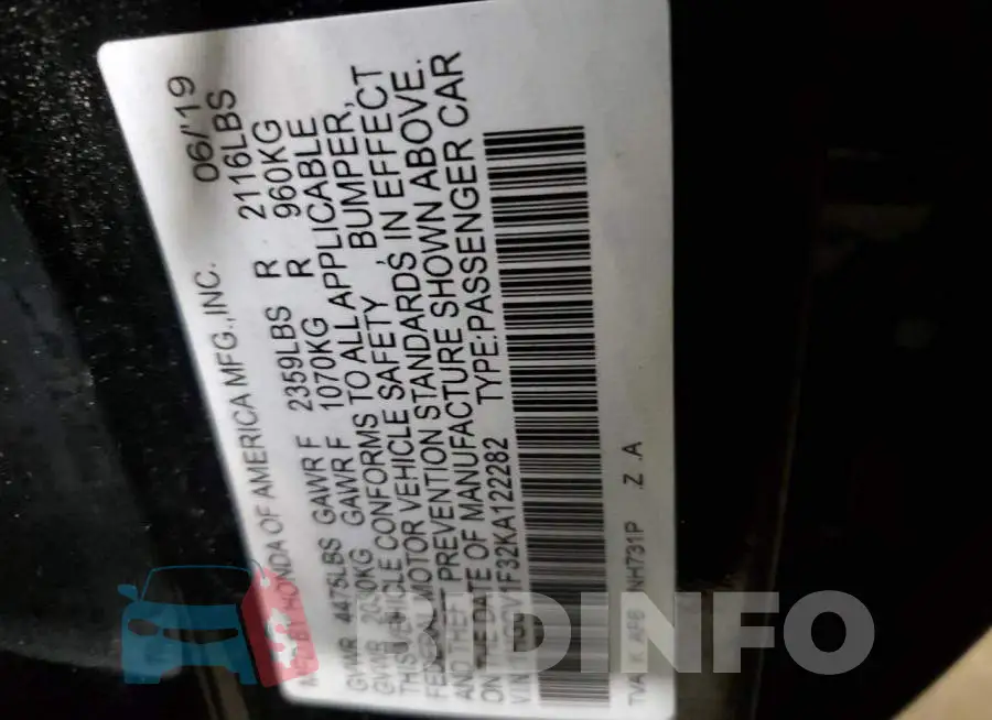 1HGCV1F32KA122282 Photo# 12