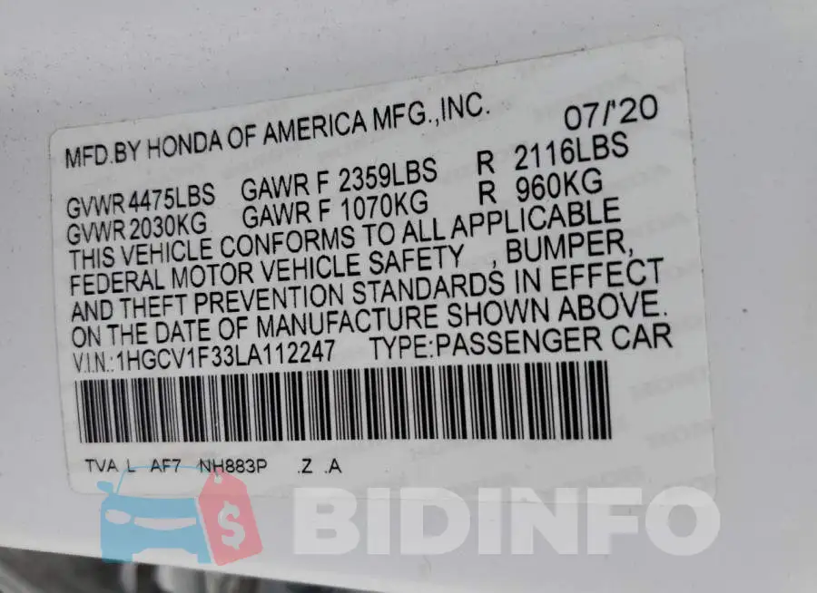 1HGCV1F33LA112247 Photo# 12