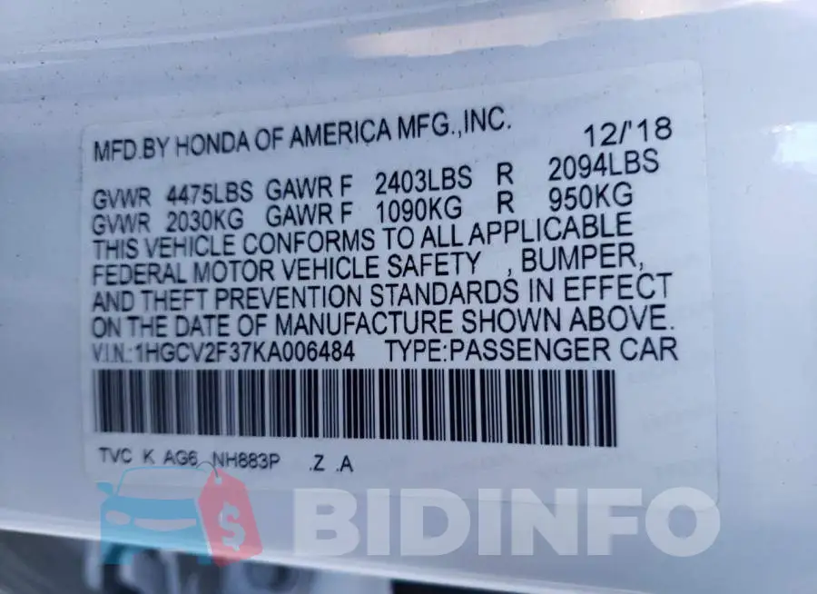 1HGCV2F37KA006484 Photo# 12