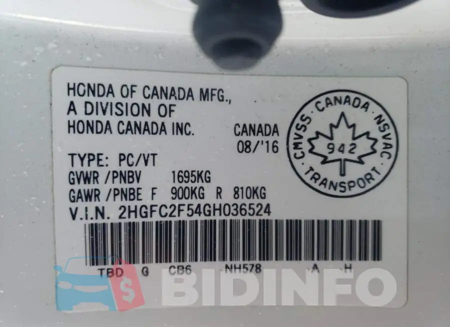 2HGFC2F54GH036524 Photo# 12