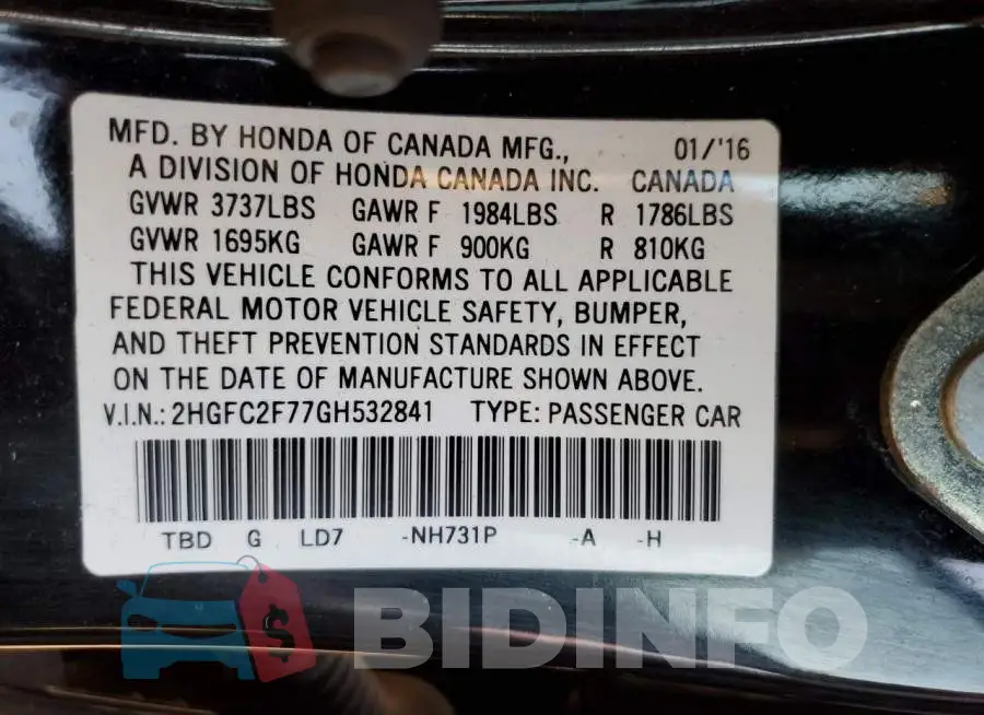 2HGFC2F77GH532841 Photo# 12