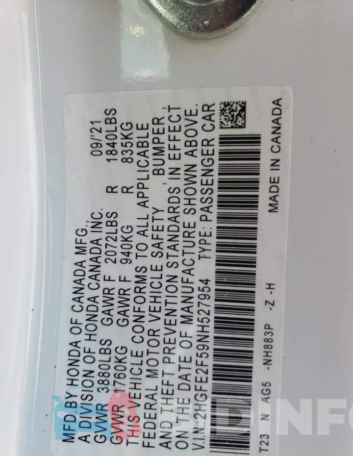 2HGFE2F59NH527954 Photo# 10