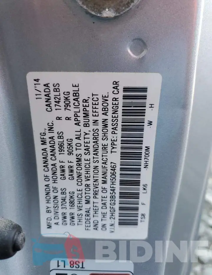 2HGFG3B54FH506467 Photo# 12