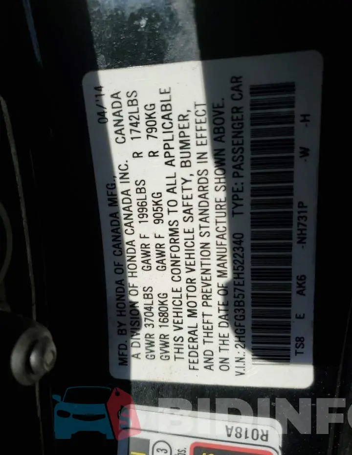 2HGFG3B57EH522340 Photo# 12