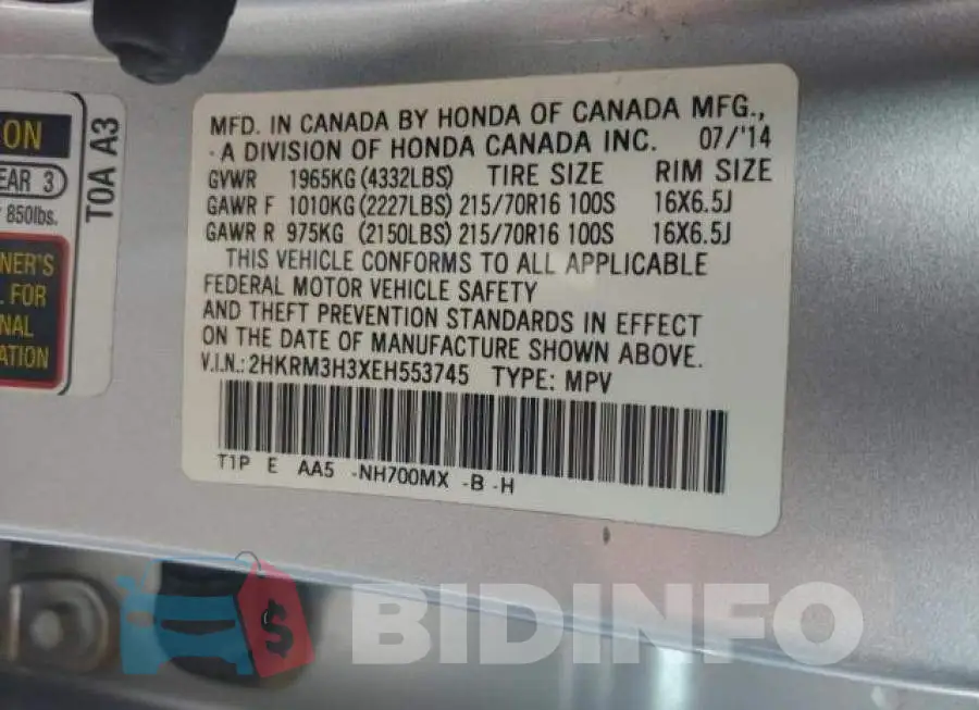 2HKRM3H3XEH553745 Photo# 10