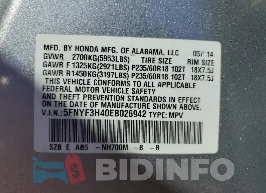 5FNYF3H40EB026942 Photo# 13