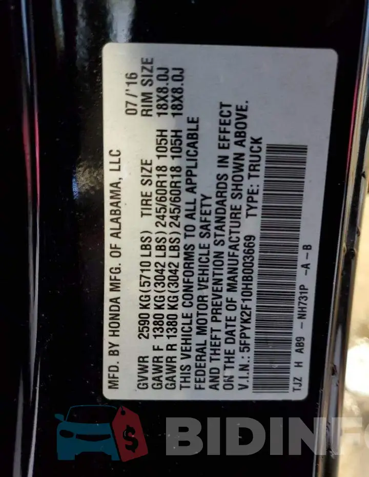 5FPYK2F10HB003669 Photo# 12