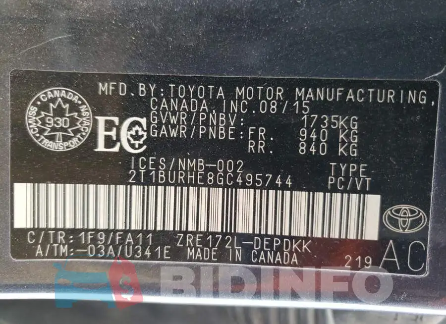 2T1BURHE8GC495744 Photo# 10