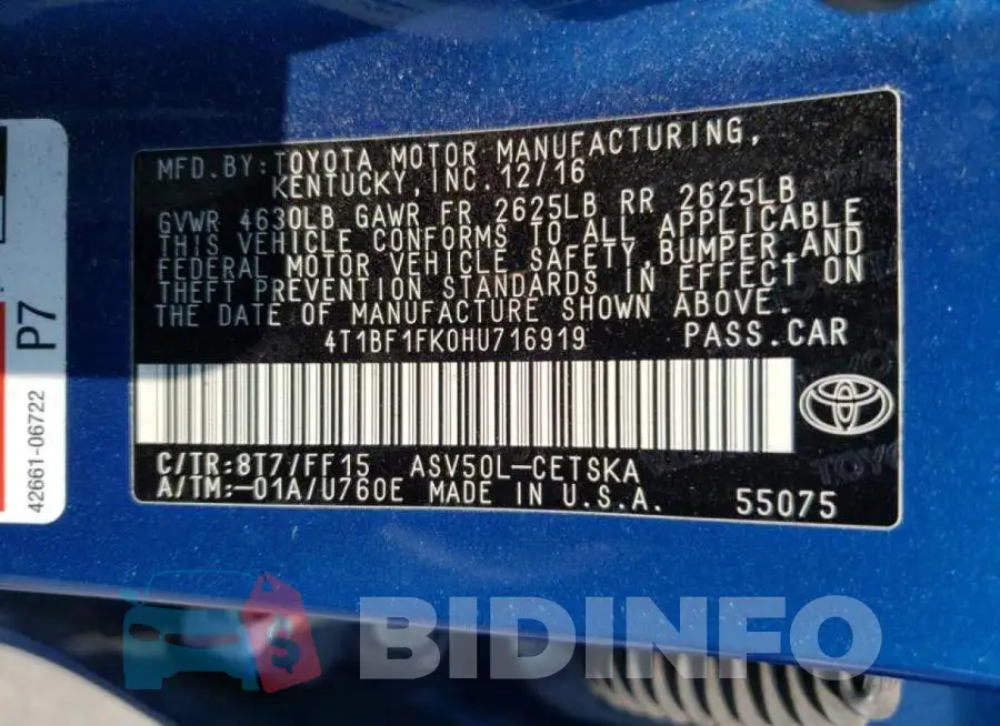 4T1BF1FK0HU716919 Photo# 12