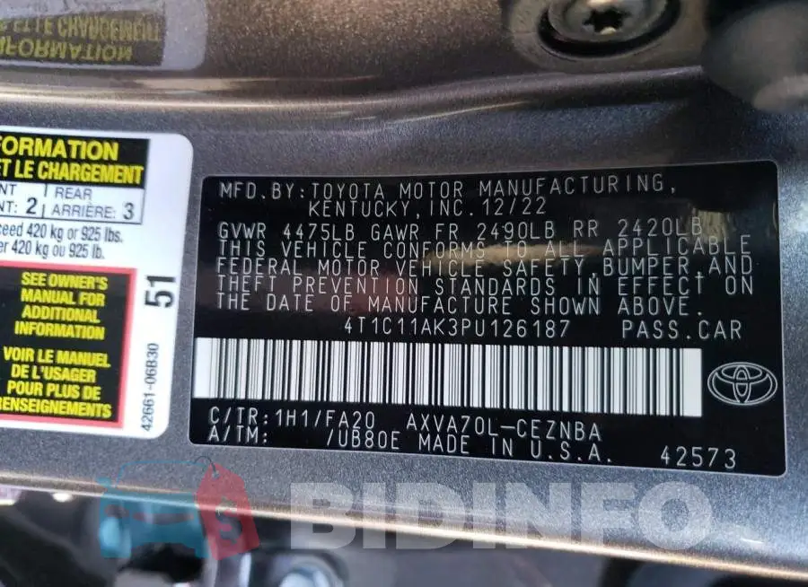 4T1C11AK3PU126187 Photo# 12