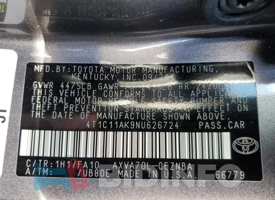 4T1C11AK9NU626724 Photo# 12