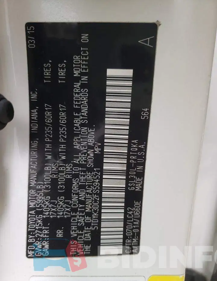 5TDYK3DC2FS594521 Photo# 13