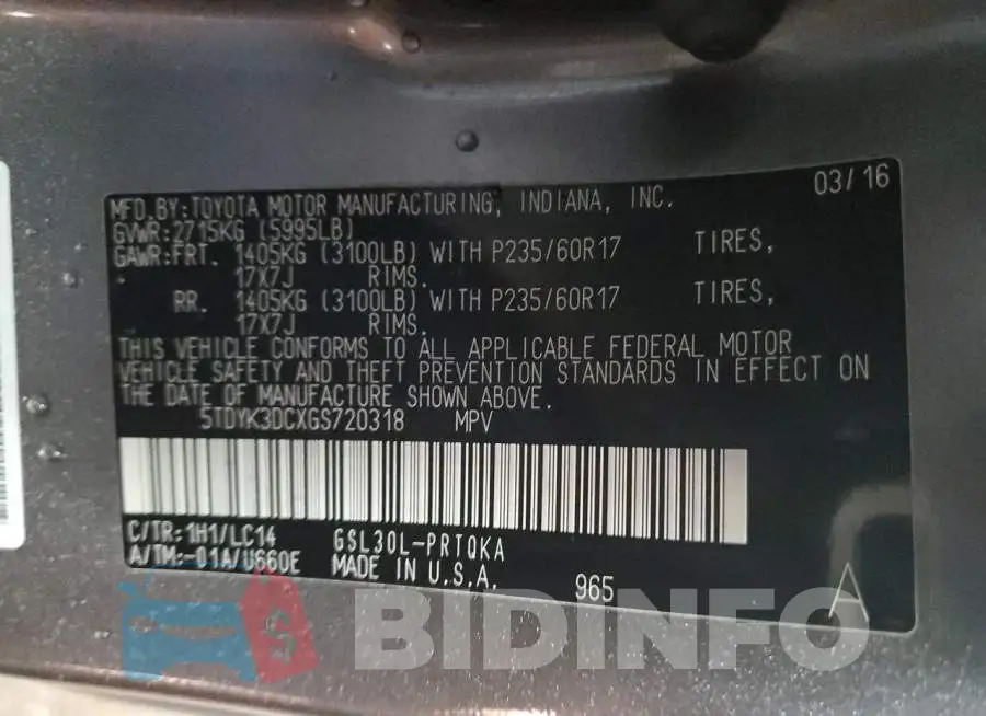 5TDYK3DCXGS720318 Photo# 14