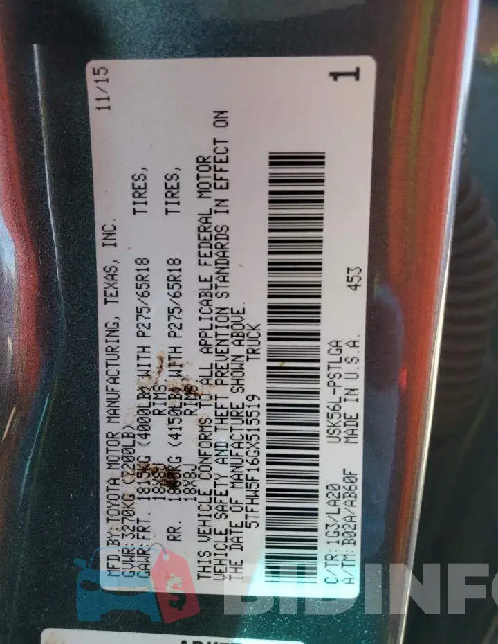 5TFHW5F16GX515519 Photo# 12