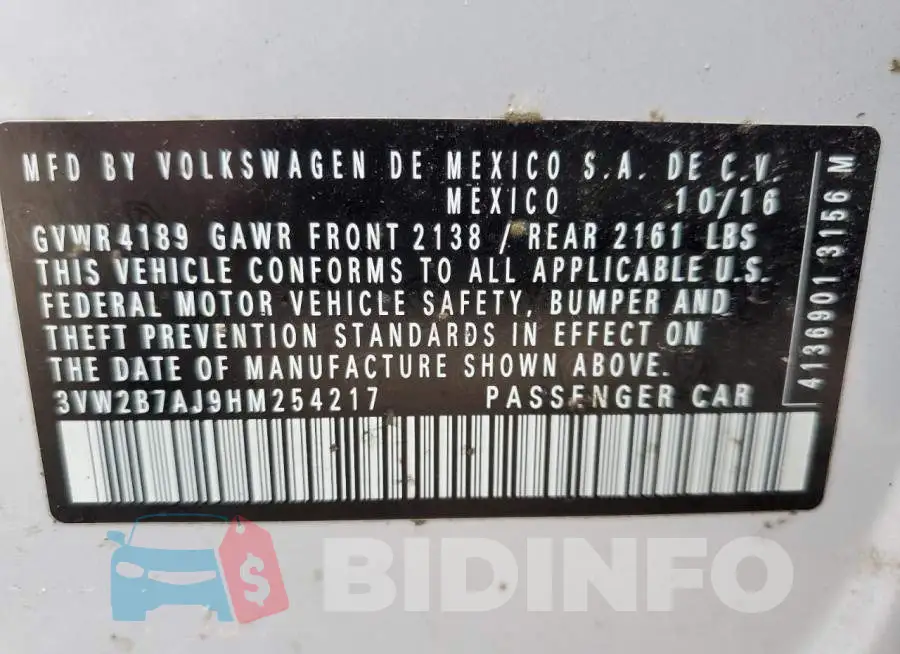 3VW2B7AJ9HM254217 Photo# 13