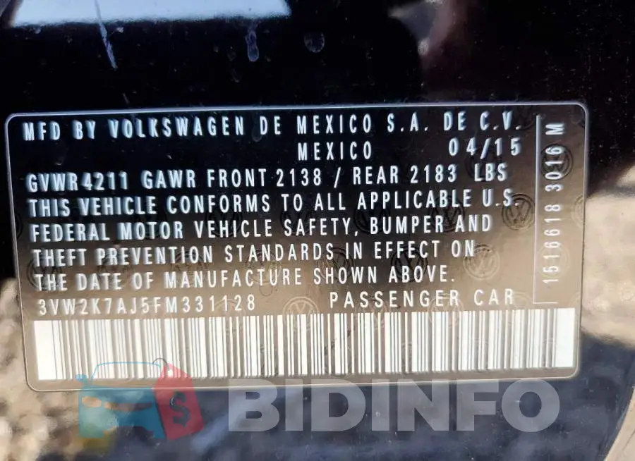 3VW2K7AJ5FM331128 Photo# 12
