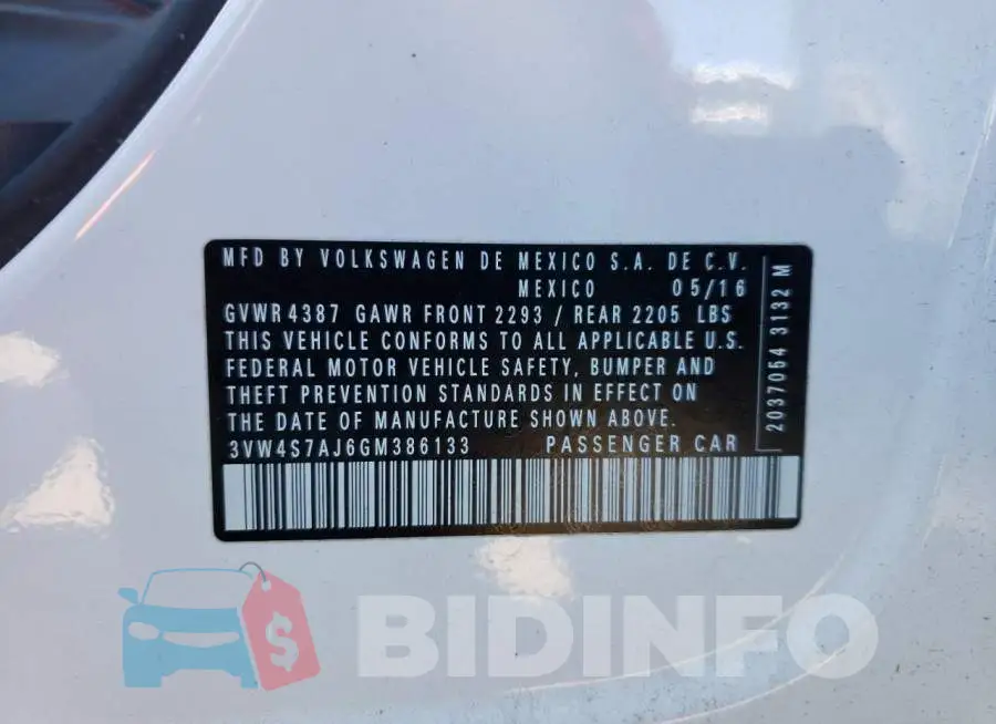 3VW4S7AJ6GM386133 Photo# 10