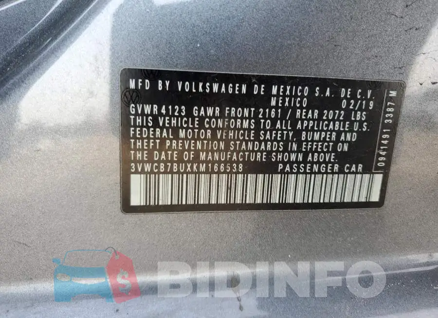 3VWCB7BUXKM166538 Photo# 12