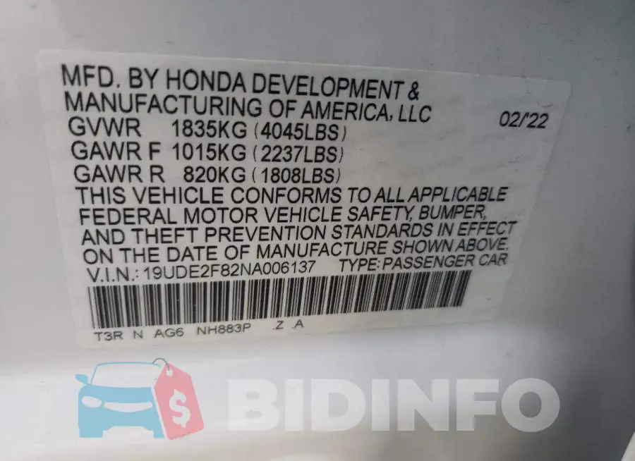 19UDE2F82NA006137 Photo# 13