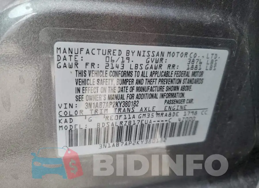 3N1AB7AP2KY380182 Photo# 13