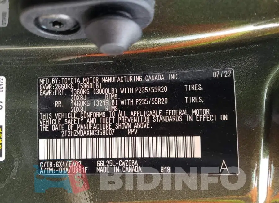 2T2HZMDAXNC358007 Photo# 14