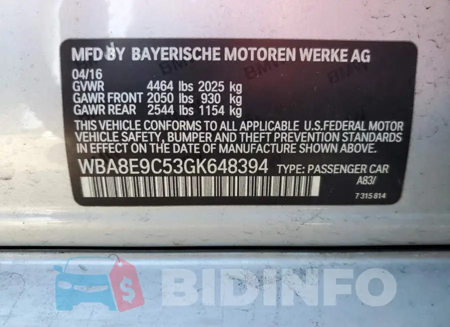 WBA8E9C53GK648394 Photo# 12