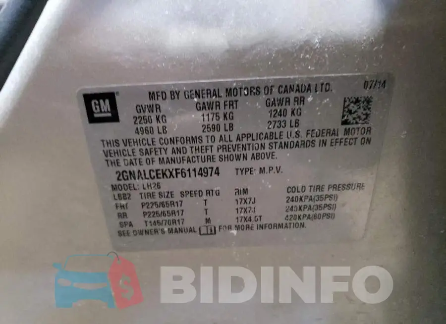 2GNALCEKXF6114974 Photo# 12