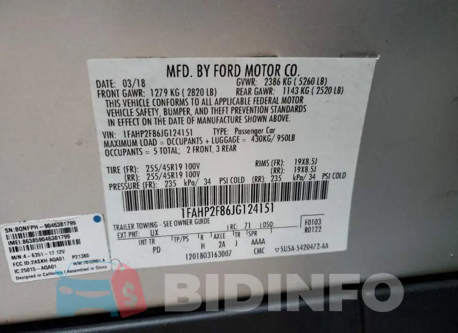 1FAHP2F86JG124151 Photo# 12
