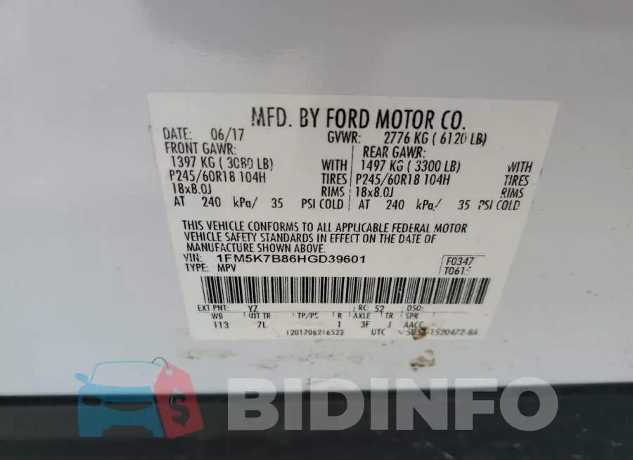 1FM5K7B86HGD39601 Photo# 12