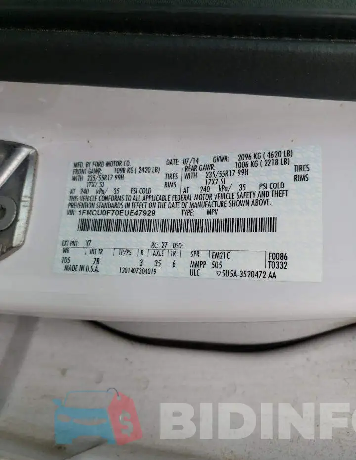 1FMCU0F70EUE47929 Photo# 12