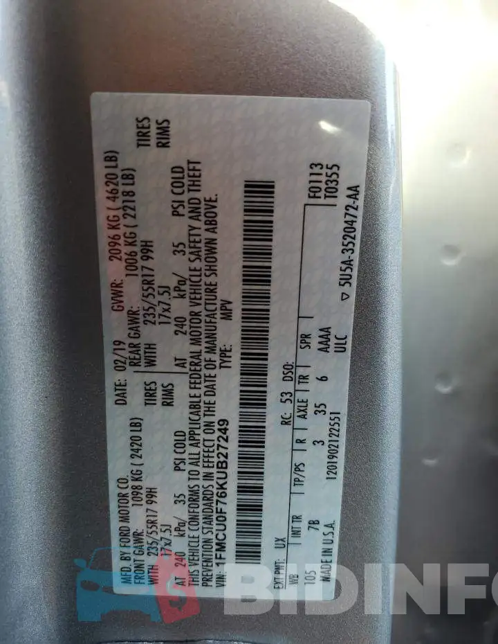 1FMCU0F76KUB27249 Photo# 10