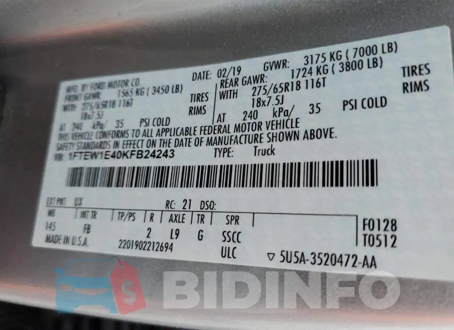 1FTEW1E40KFB24243 Photo# 12