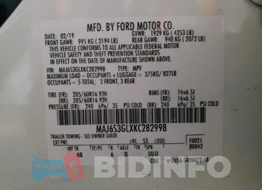 MAJ6S3GLXKC282998 Photo# 13