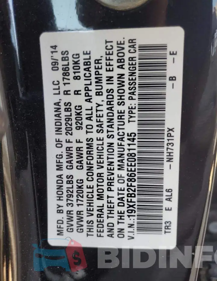 19XFB2F86EE081145 Photo# 12