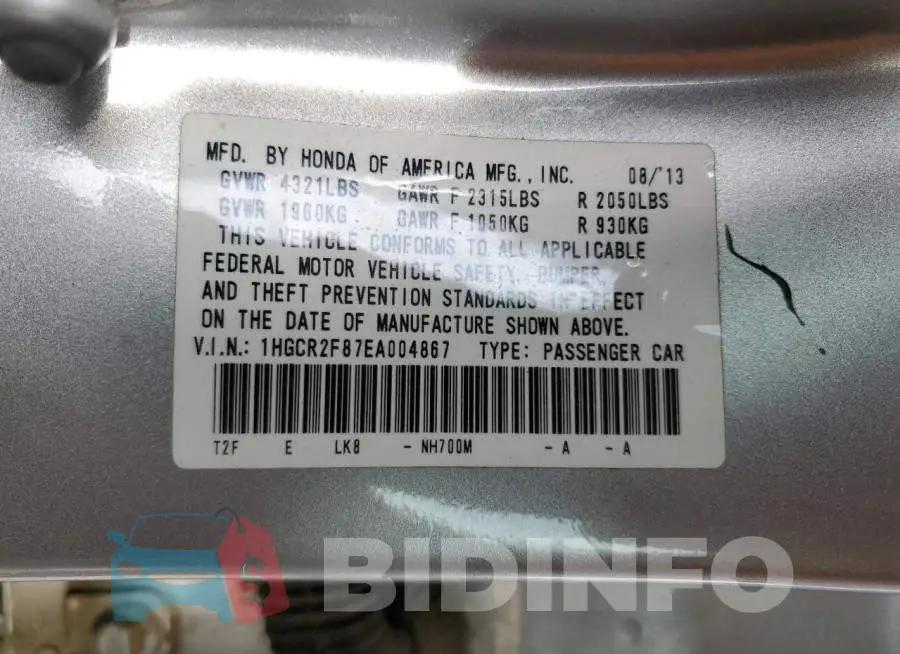 1HGCR2F87EA004867 Photo# 12