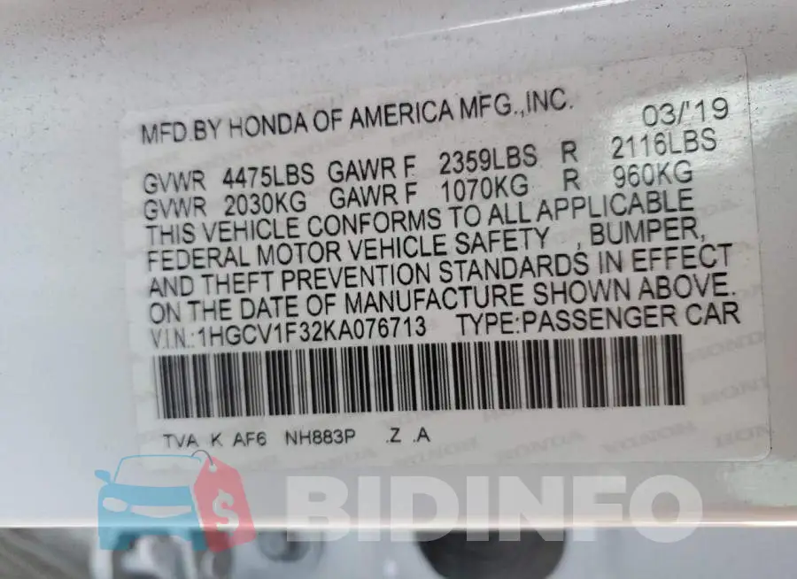 1HGCV1F32KA076713 Photo# 12