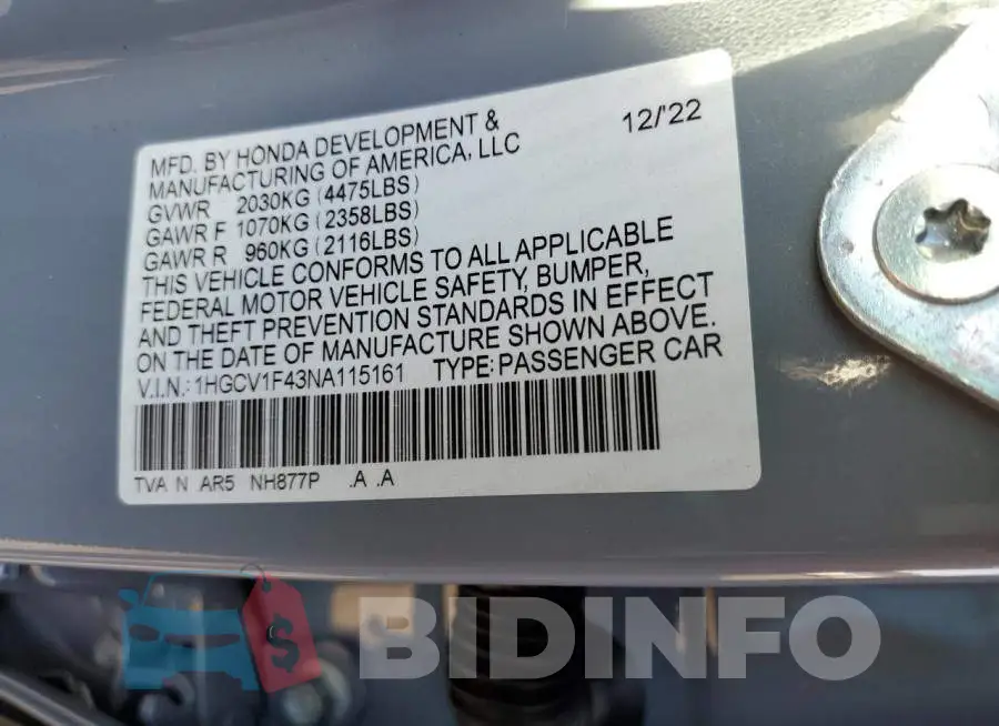1HGCV1F43NA115161 Photo# 12