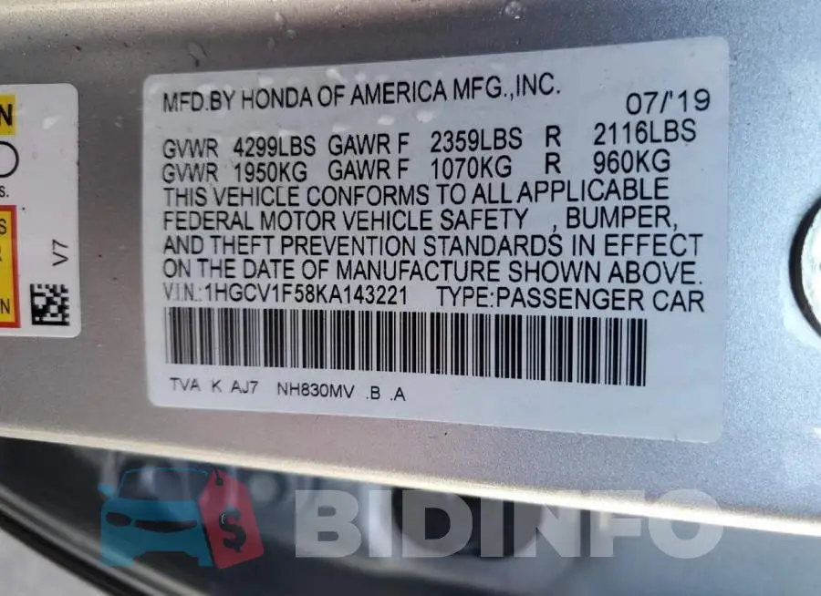 1HGCV1F58KA143221 Photo# 12
