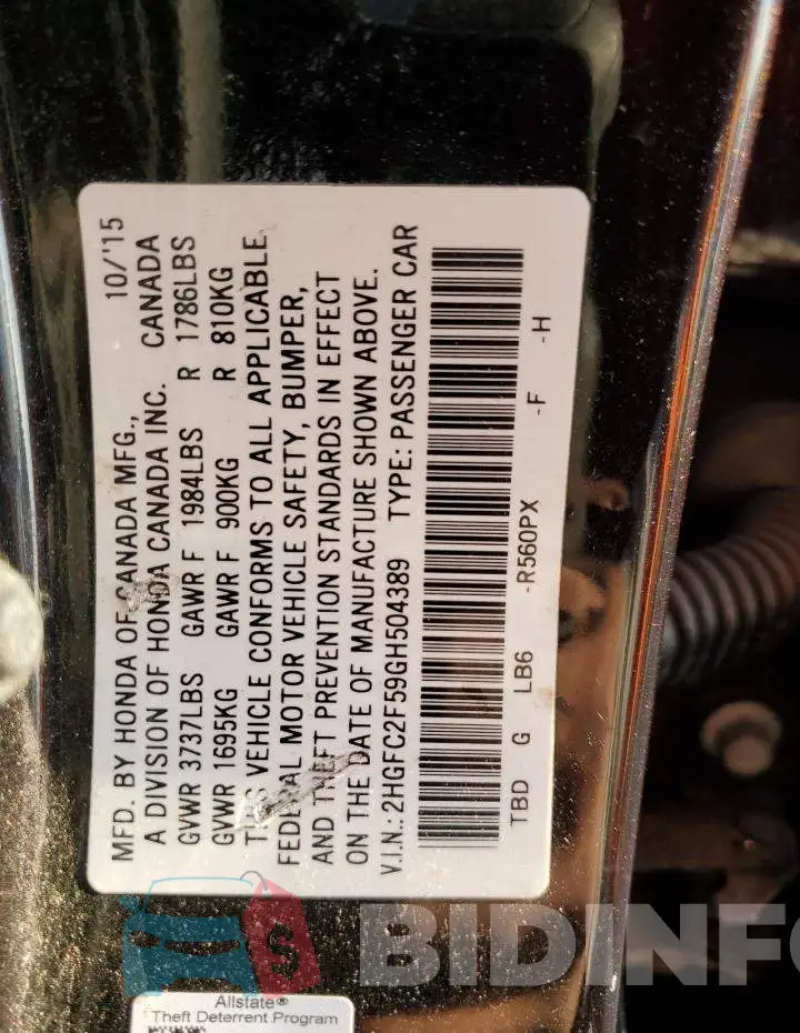 2HGFC2F59GH504389 Photo# 13