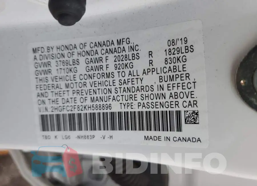 2HGFC2F82KH588896 Photo# 12